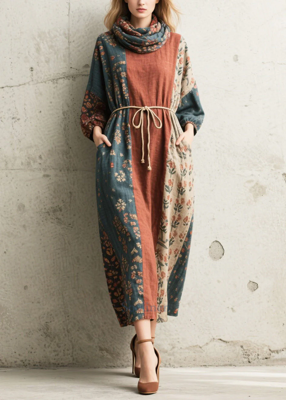 Vintage Tie Waist Print Cotton Vacation Dress Fall - Image 3