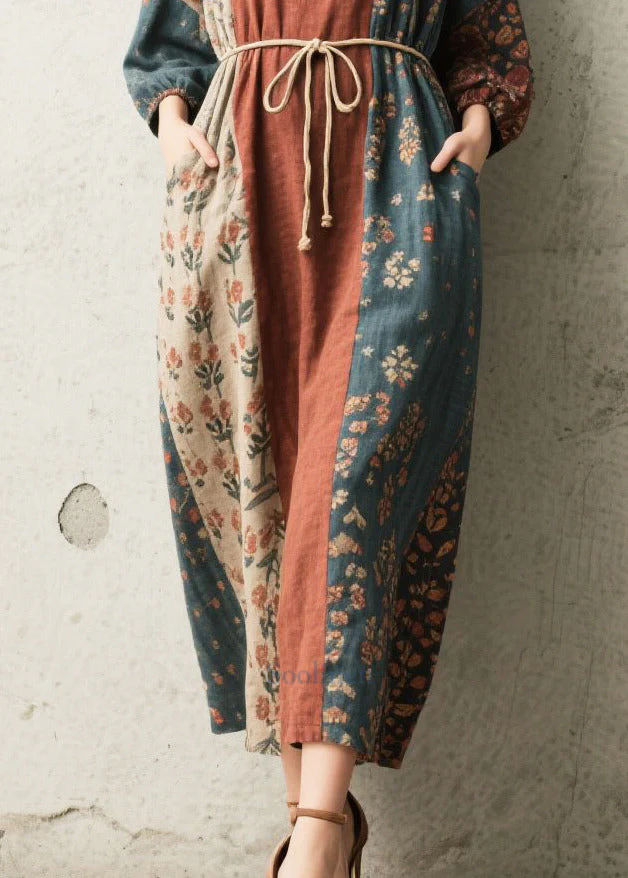 Vintage Tie Waist Print Cotton Vacation Dress Fall - Image 4
