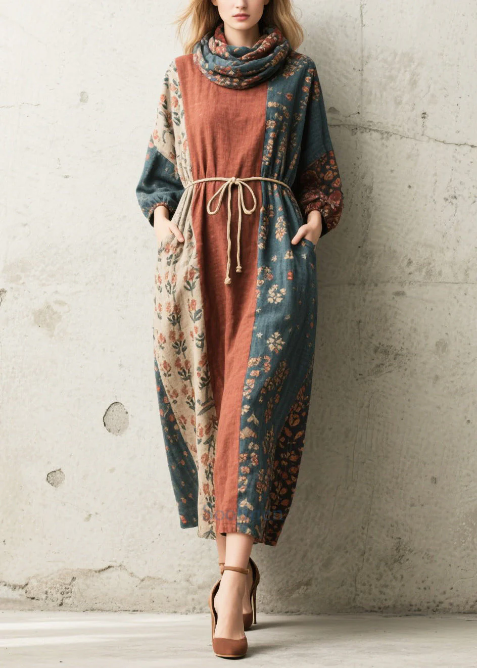 Vintage Tie Waist Print Cotton Vacation Dress Fall - Image 5