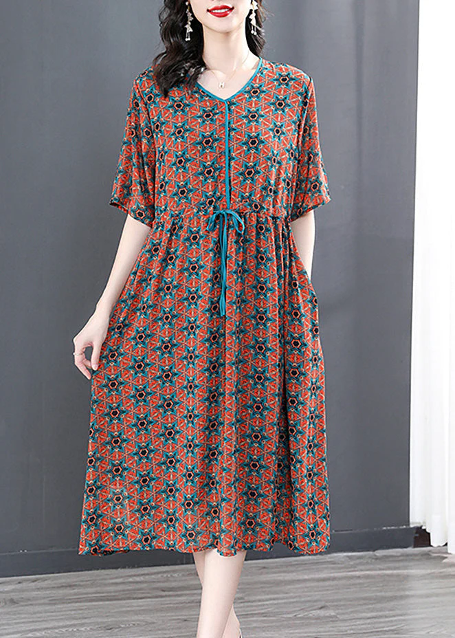 Vintage V Neck Print Wrinkled Tie Waist Long Dresses Summer - Image 2