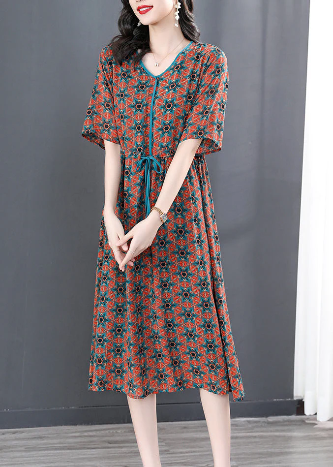 Vintage V Neck Print Wrinkled Tie Waist Long Dresses Summer - Image 4