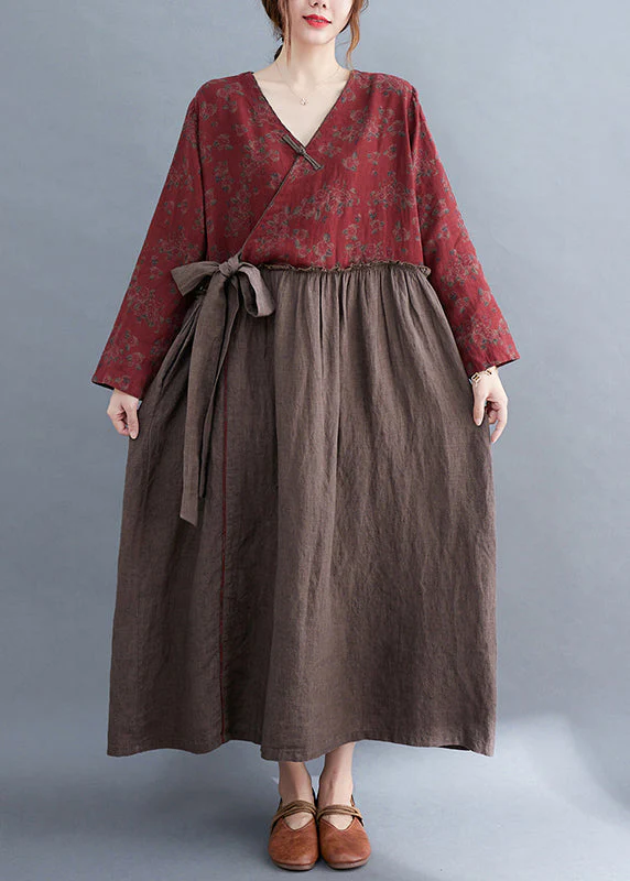 Vintage V Neck tie waist Ruffled Patchwork Print Linen Dress Long Sleeve - Image 3
