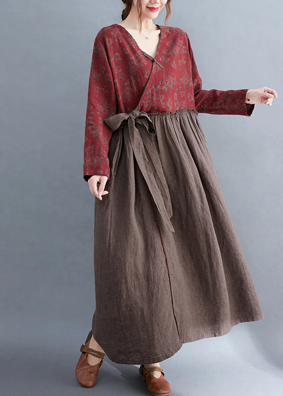 Vintage V Neck tie waist Ruffled Patchwork Print Linen Dress Long Sleeve - Image 4