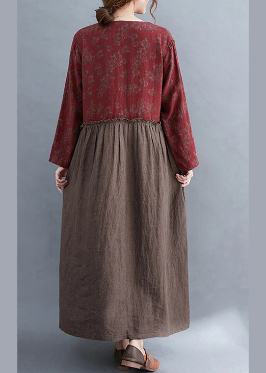 Vintage V Neck tie waist Ruffled Patchwork Print Linen Dress Long Sleeve - Image 5