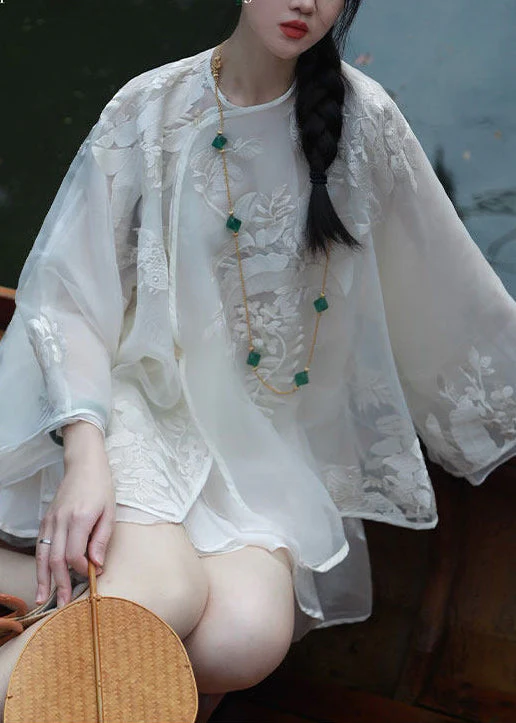 Vintage White Embroidered Organza Blouse Top Spring - Image 2