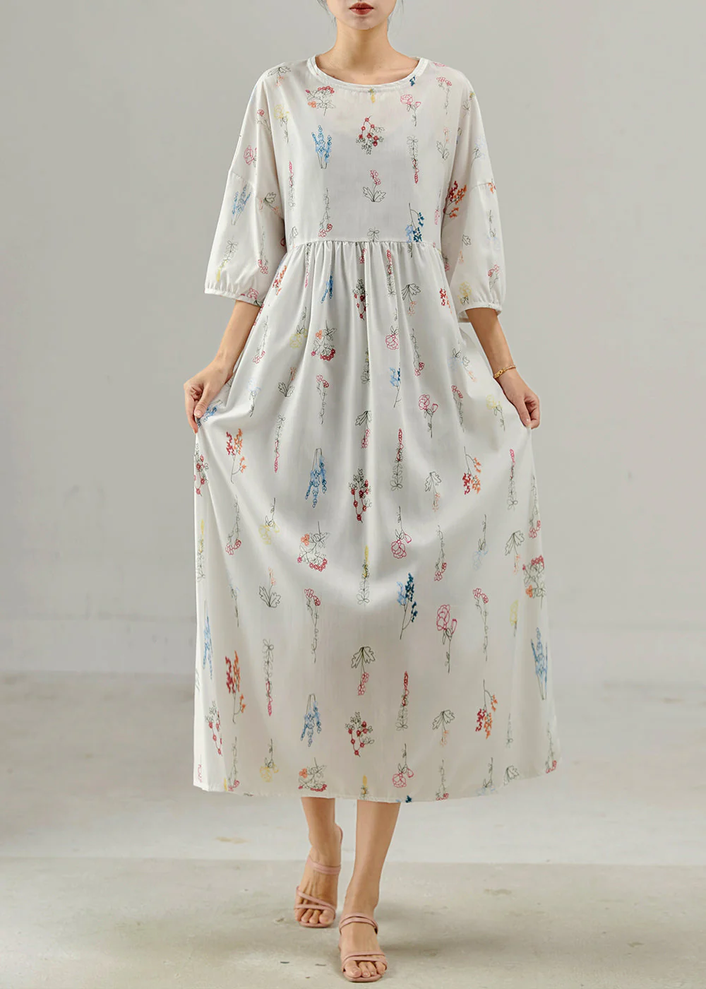 Vintage White Oversized Print Cotton Long Dresses Bracelet Sleeve