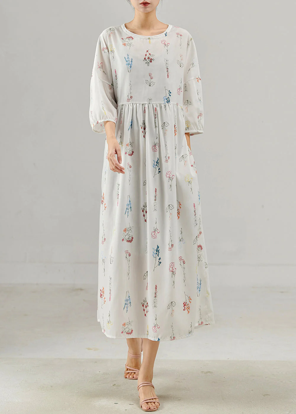 Vintage White Oversized Print Cotton Long Dresses Bracelet Sleeve - Image 2