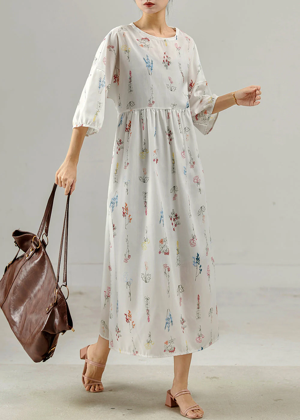 Vintage White Oversized Print Cotton Long Dresses Bracelet Sleeve - Image 3