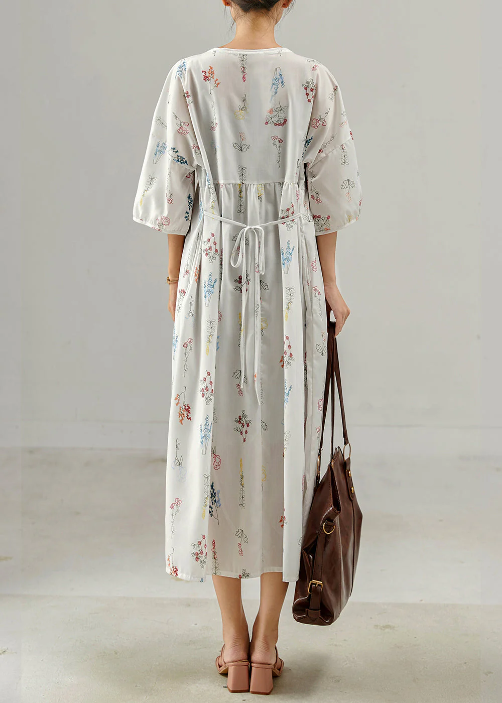 Vintage White Oversized Print Cotton Long Dresses Bracelet Sleeve - Image 4