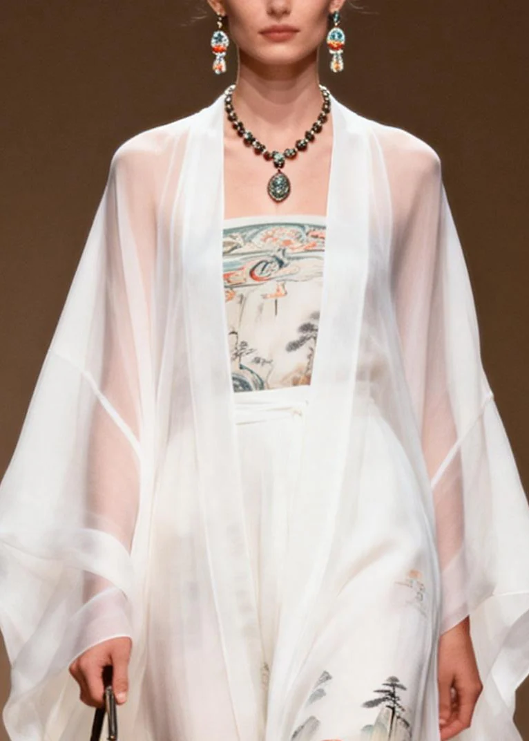 Vintage White Print Chiffon Dress Two Piece Set Summer - Image 2