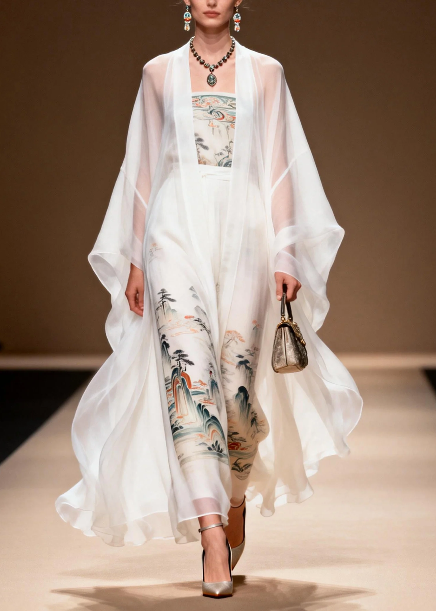 Vintage White Print Chiffon Dress Two Piece Set Summer - Image 3