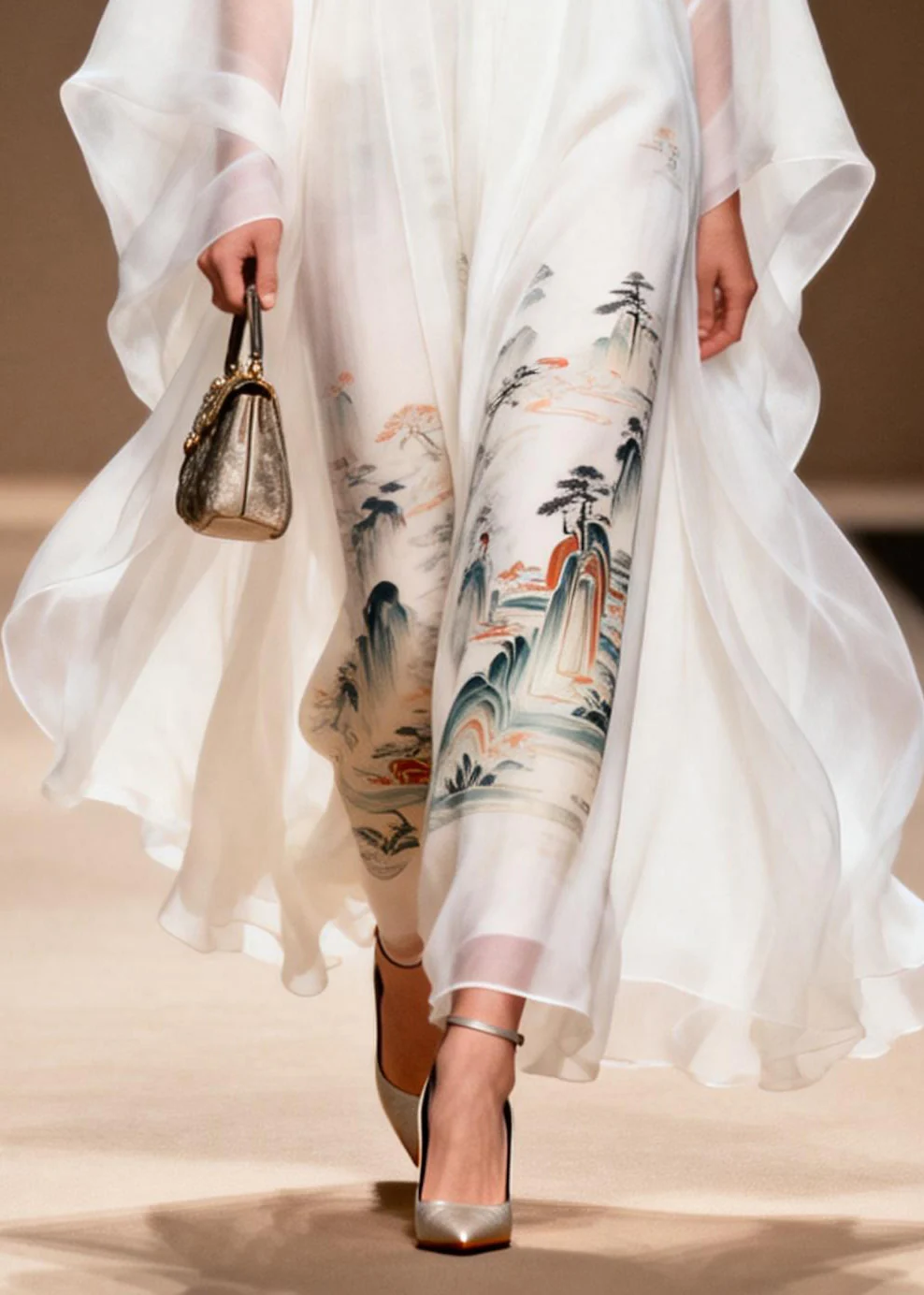 Vintage White Print Chiffon Dress Two Piece Set Summer - Image 4