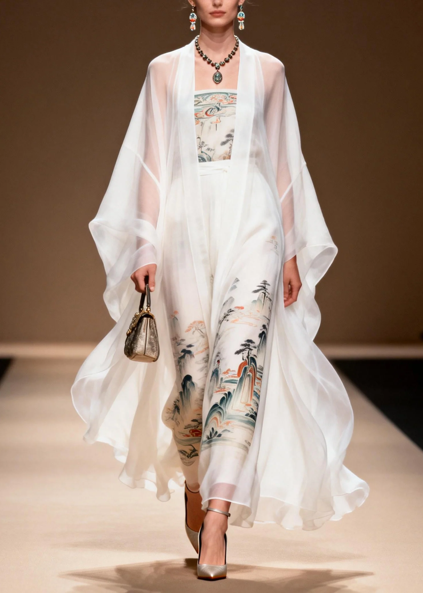 Vintage White Print Chiffon Dress Two Piece Set Summer - Image 5