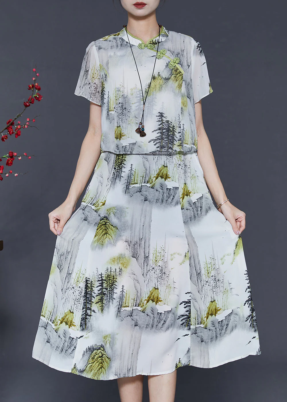 Vintage White Print Chiffon Oriental Dresses Summer - Image 3