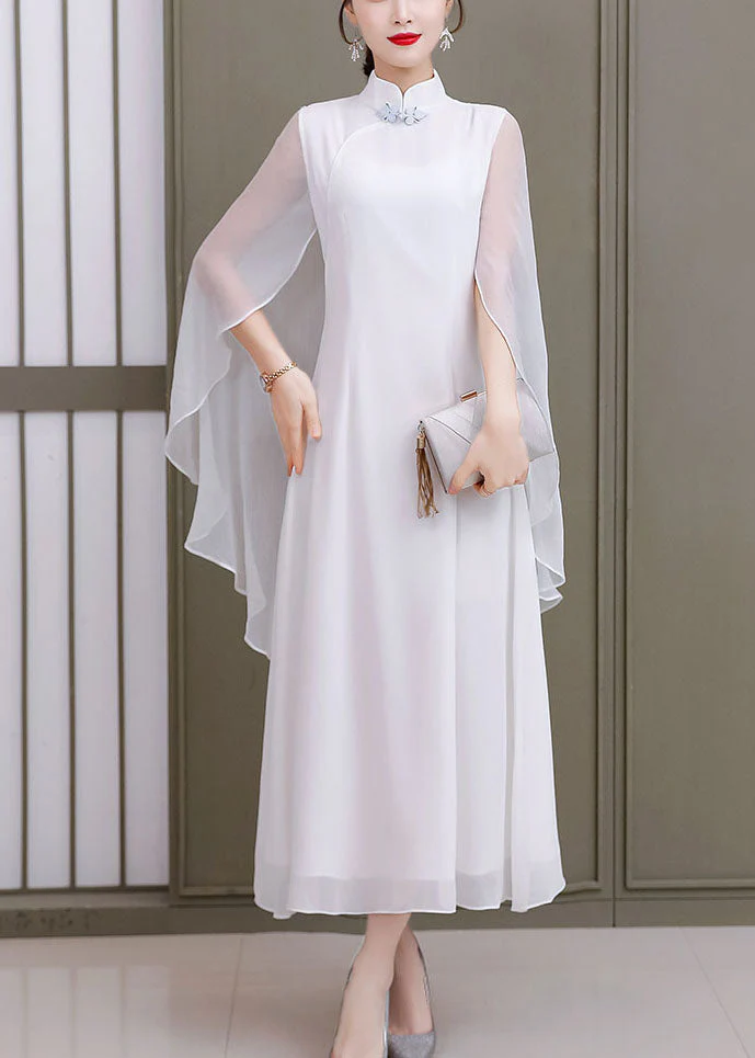 Vintage White Solid Mandarin Collar Shawl Chiffon Cheongsam Dress Sleeveless - Image 2