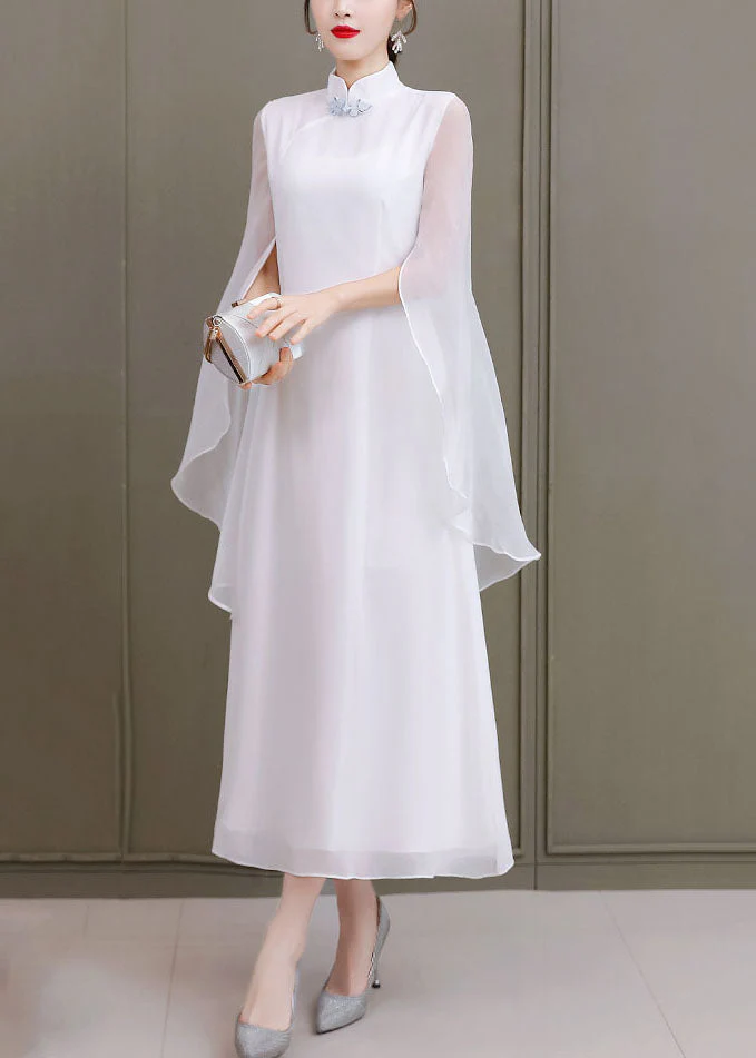 Vintage White Solid Mandarin Collar Shawl Chiffon Cheongsam Dress Sleeveless - Image 3