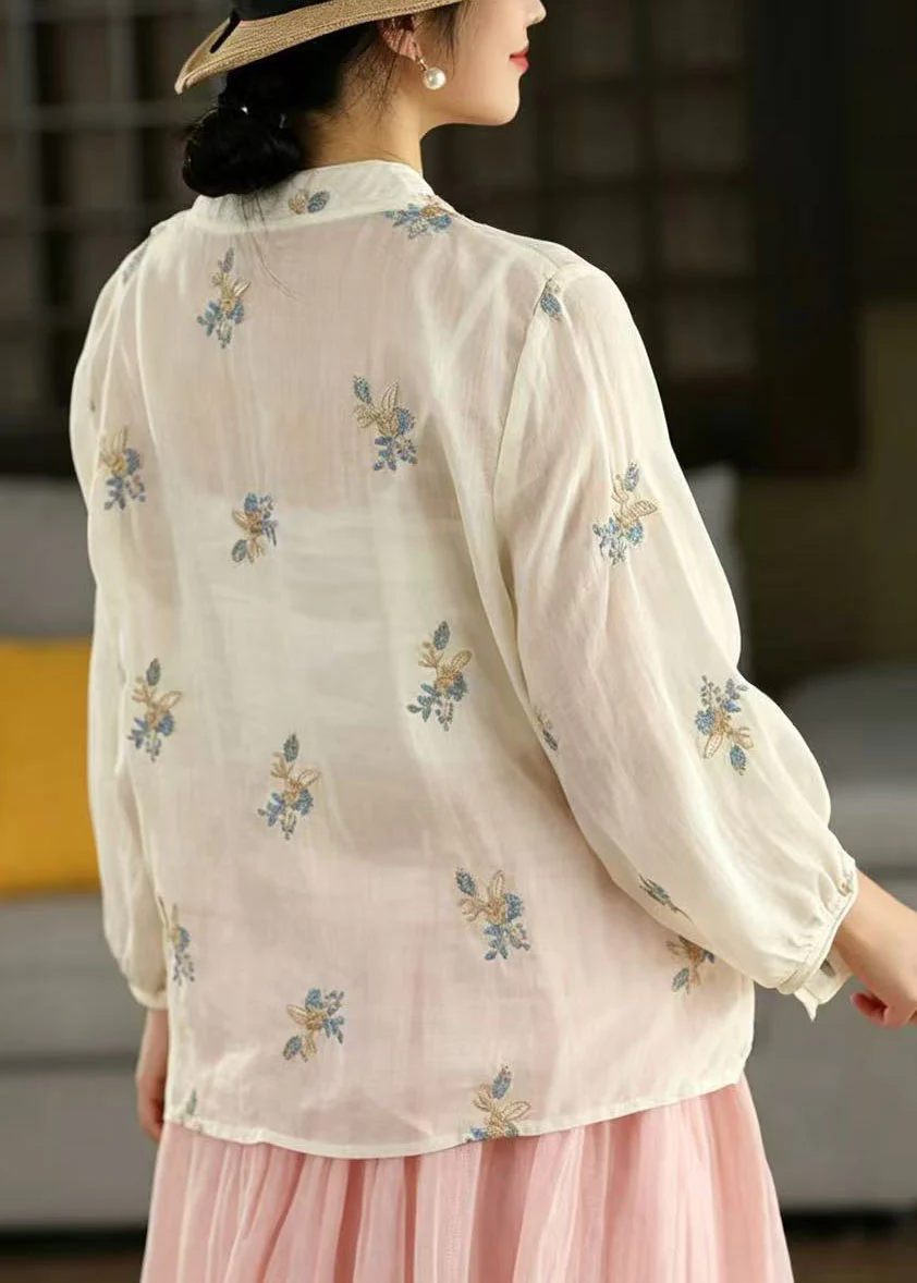 Vintage White Stand Collar Embroidered Linen Blouses Spring - Image 2