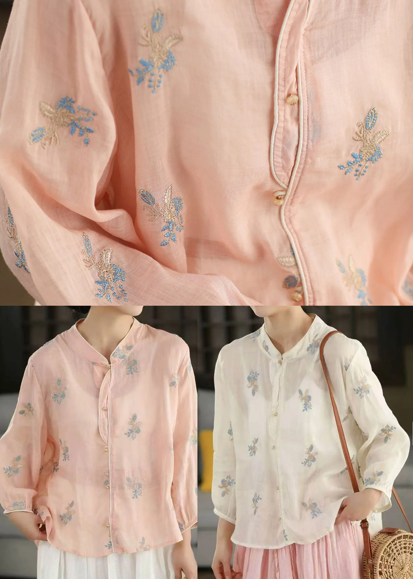 Vintage White Stand Collar Embroidered Linen Blouses Spring - Image 3