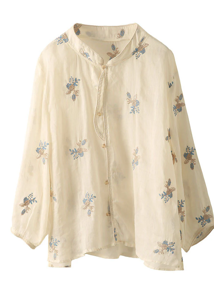 Vintage White Stand Collar Embroidered Linen Blouses Spring - Image 4