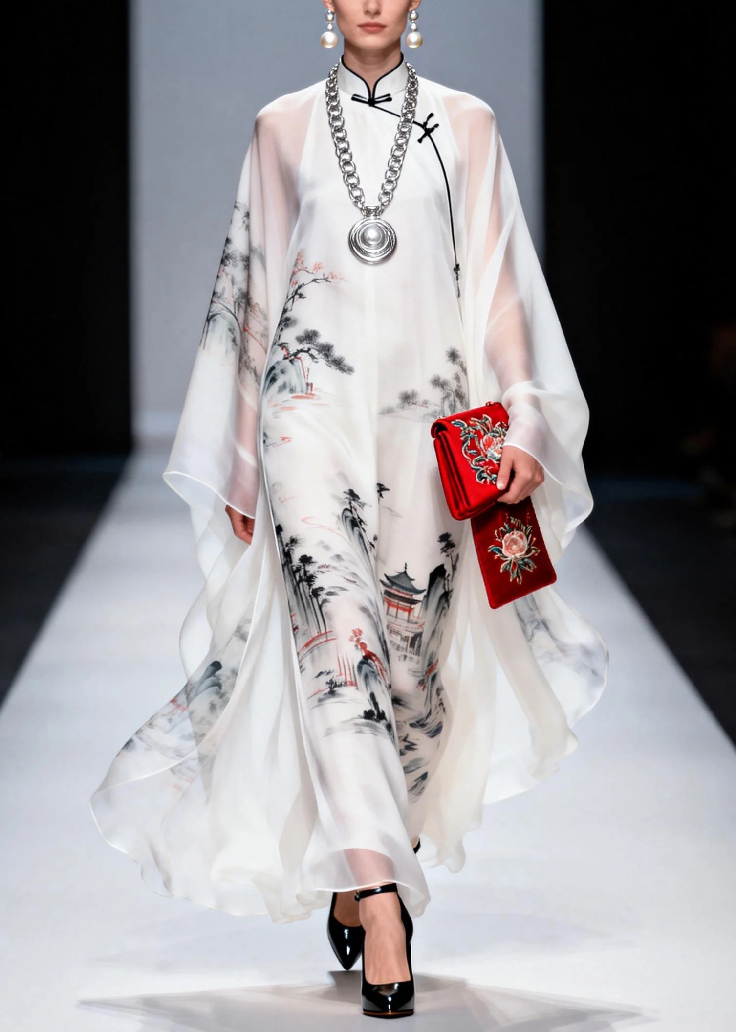 Vintage White Stand Collar Print Chiffon Long Dress Spring - Image 3
