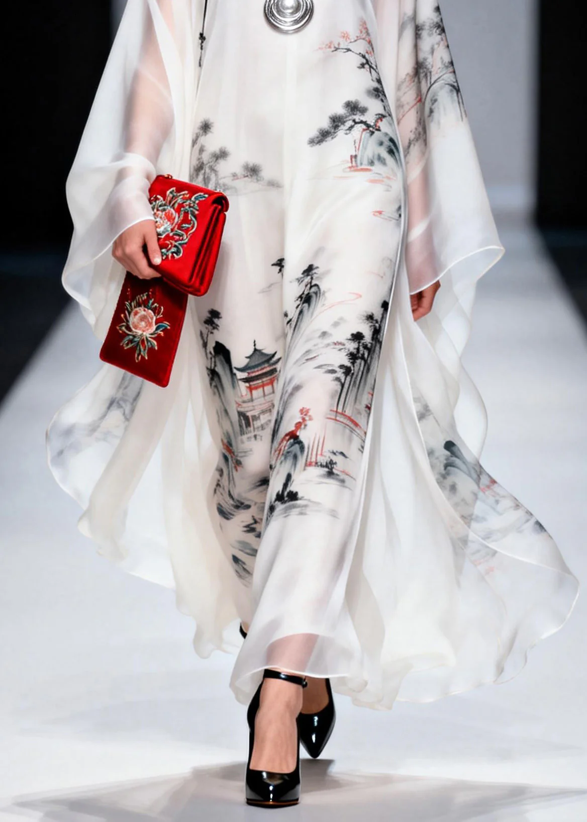 Vintage White Stand Collar Print Chiffon Long Dress Spring - Image 4