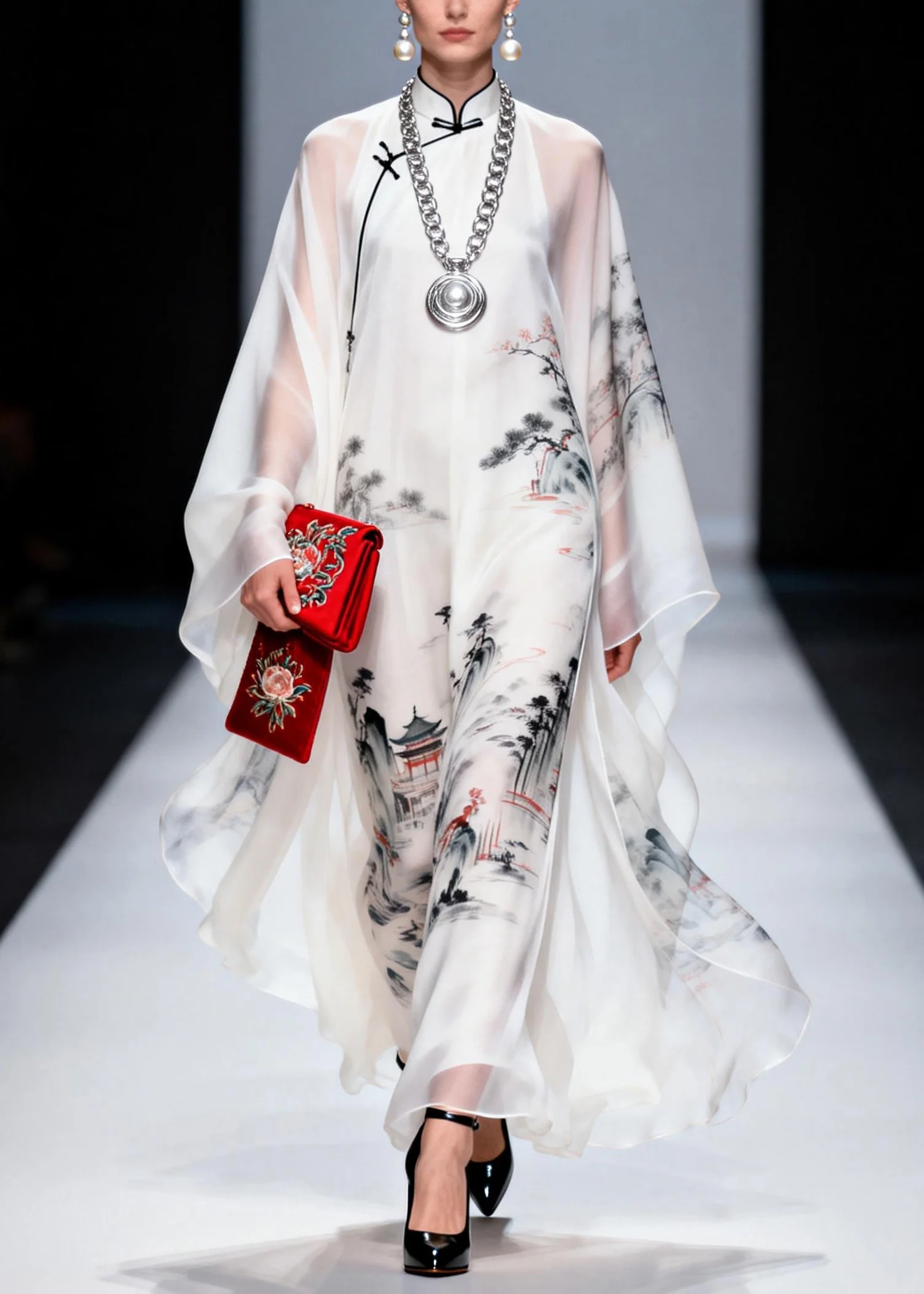 Vintage White Stand Collar Print Chiffon Long Dress Spring - Image 5