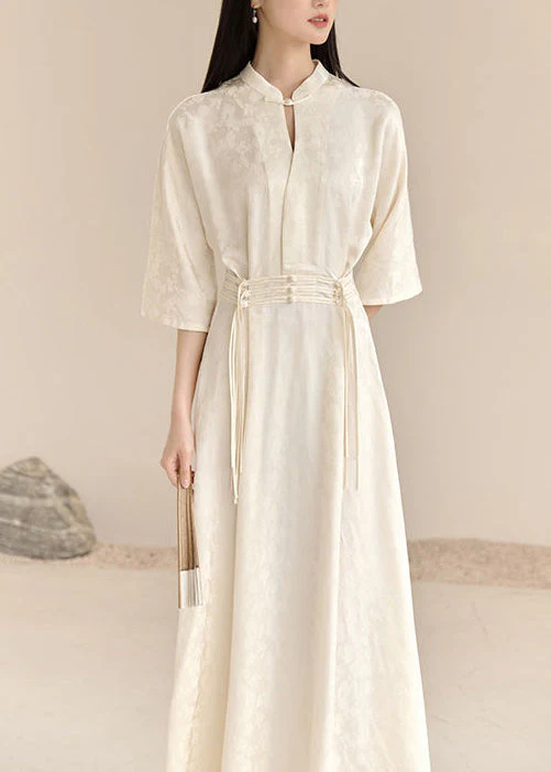 Vintage White Stand Collar Tasseled Patchwork Cotton Dress Fall - Image 2