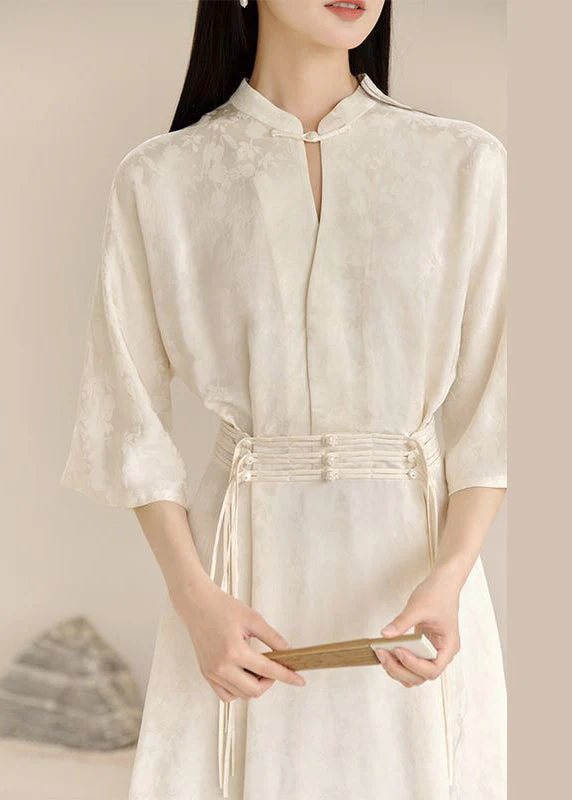 Vintage White Stand Collar Tasseled Patchwork Cotton Dress Fall - Image 3