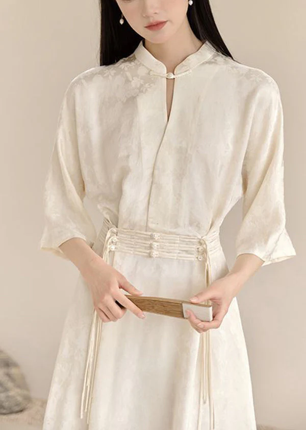 Vintage White Stand Collar Tasseled Patchwork Cotton Dress Fall - Image 4