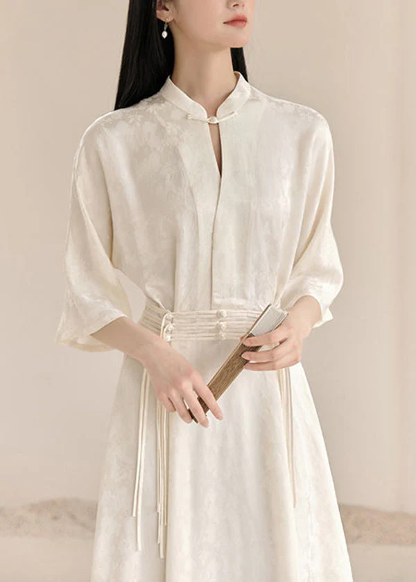 Vintage White Stand Collar Tasseled Patchwork Cotton Dress Fall - Image 5