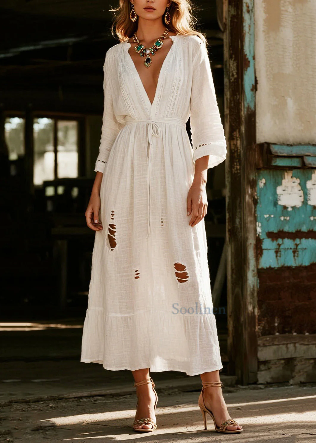 Vintage White V Neck Hollow Out Cotton Vacation Dresses Spring - Image 3