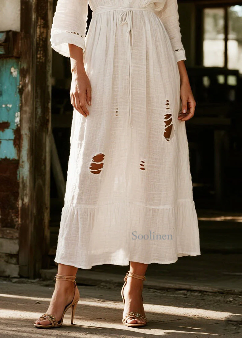 Vintage White V Neck Hollow Out Cotton Vacation Dresses Spring - Image 4