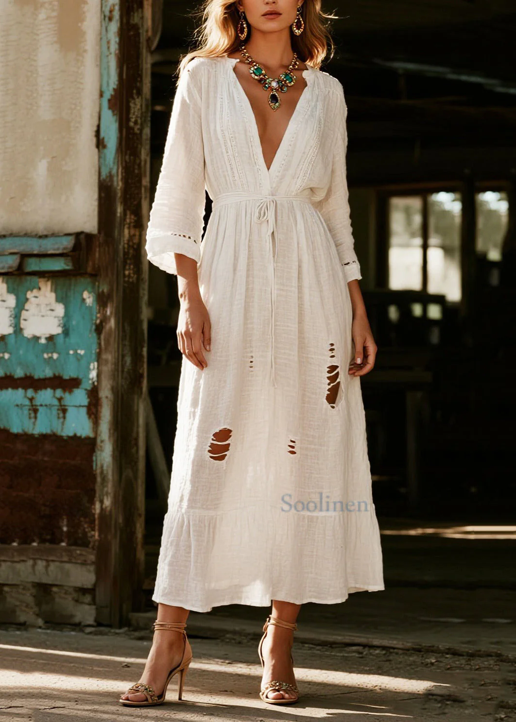 Vintage White V Neck Hollow Out Cotton Vacation Dresses Spring - Image 5