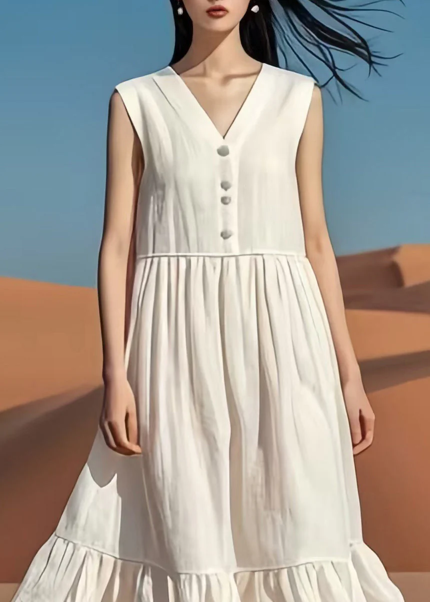 Vintage White V Neck Patchwork Cotton Long Dresses Summer - Image 2