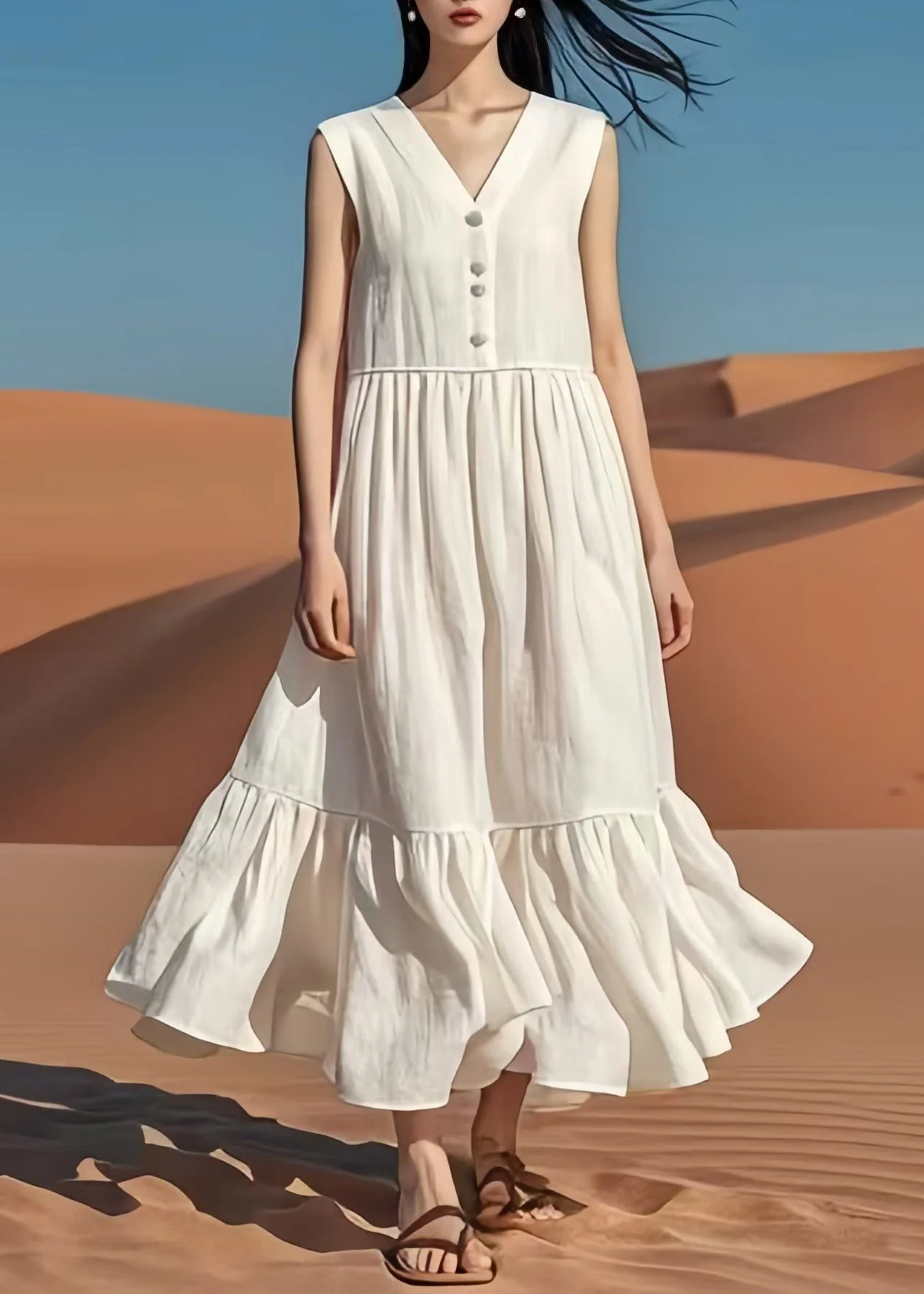 Vintage White V Neck Patchwork Cotton Long Dresses Summer - Image 3