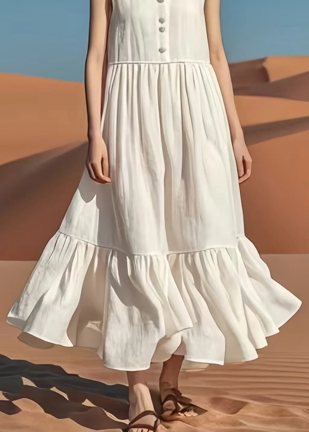 Vintage White V Neck Patchwork Cotton Long Dresses Summer - Image 4