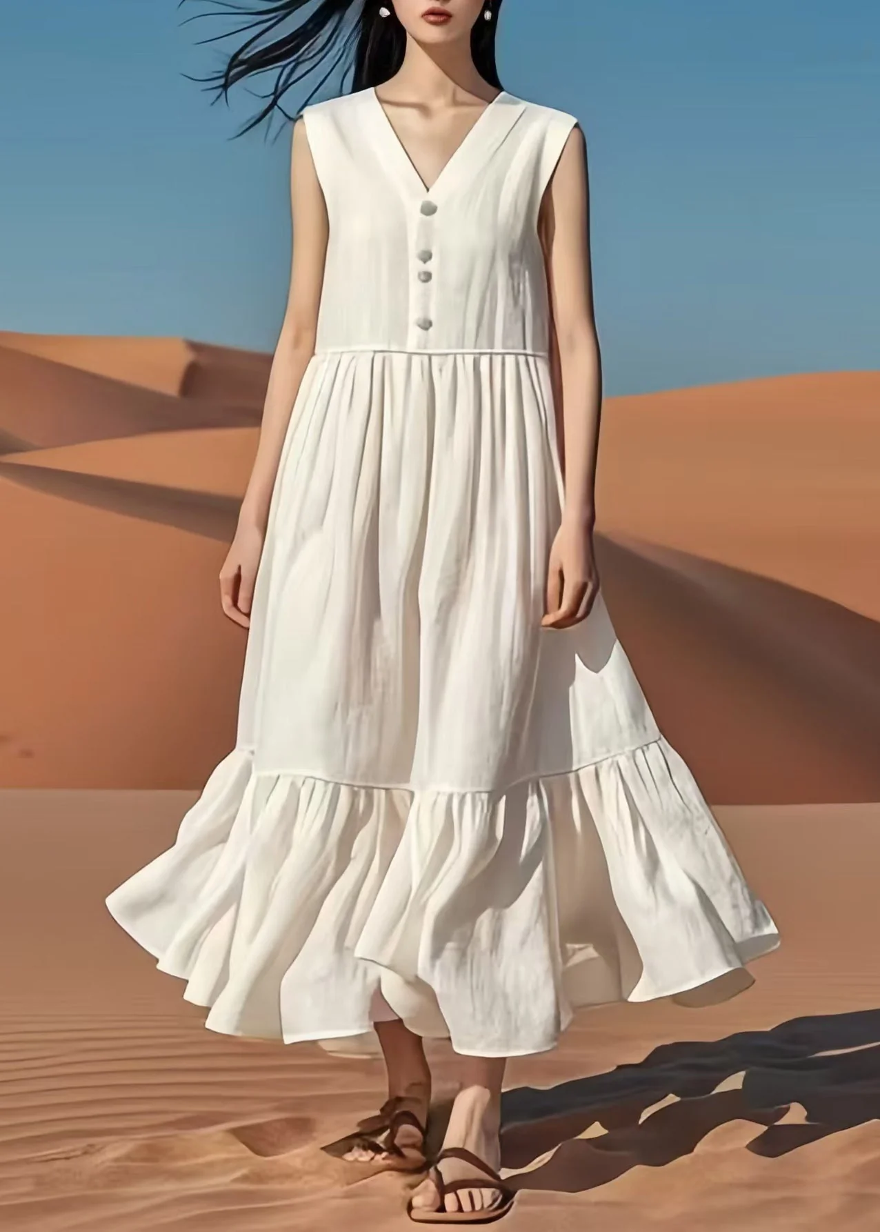 Vintage White V Neck Patchwork Cotton Long Dresses Summer - Image 5