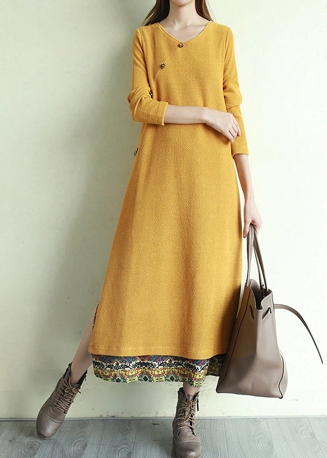 Vintage Yellow Button V Neck Patchwork Long Dresses Long Sleeve - Image 2