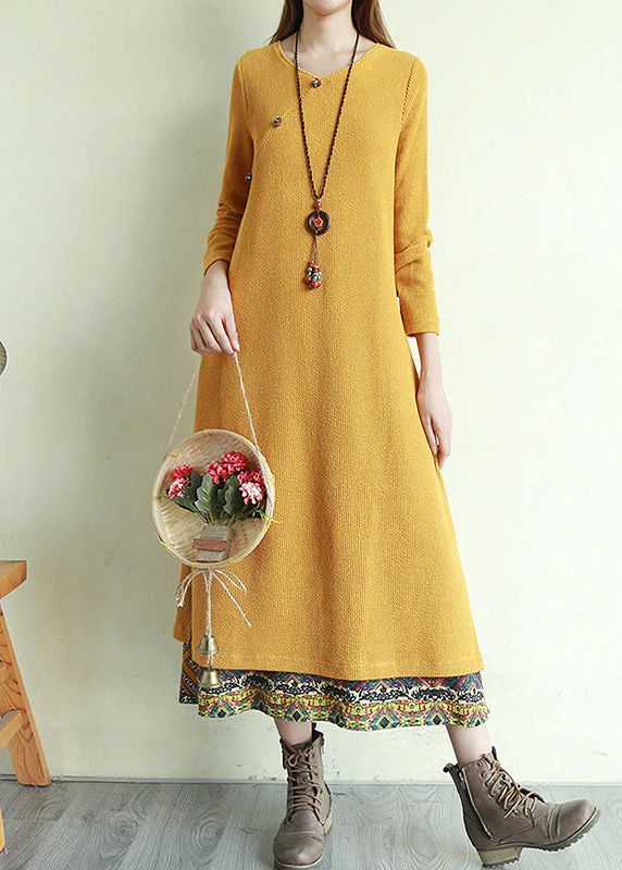 Vintage Yellow Button V Neck Patchwork Long Dresses Long Sleeve - Image 3