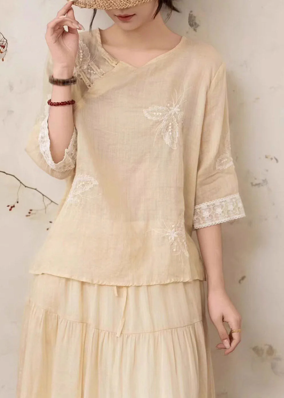 Vintage Yellow Embroidered Nail Bead Linen Shirt Summer - Image 4