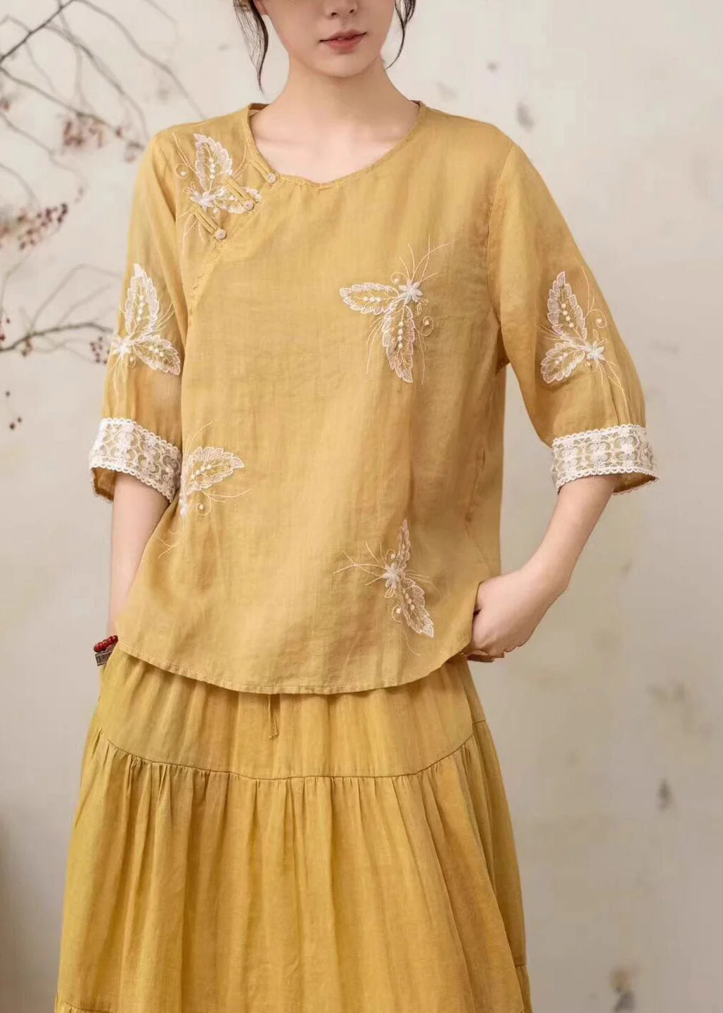 Vintage Yellow Embroidered Nail Bead Linen Shirt Summer - Image 5