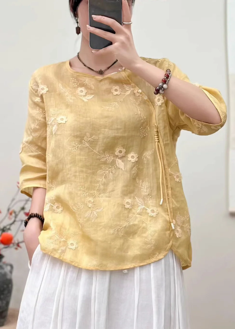 Vintage Yellow Embroidered Tasseled Linen Shirts Summer