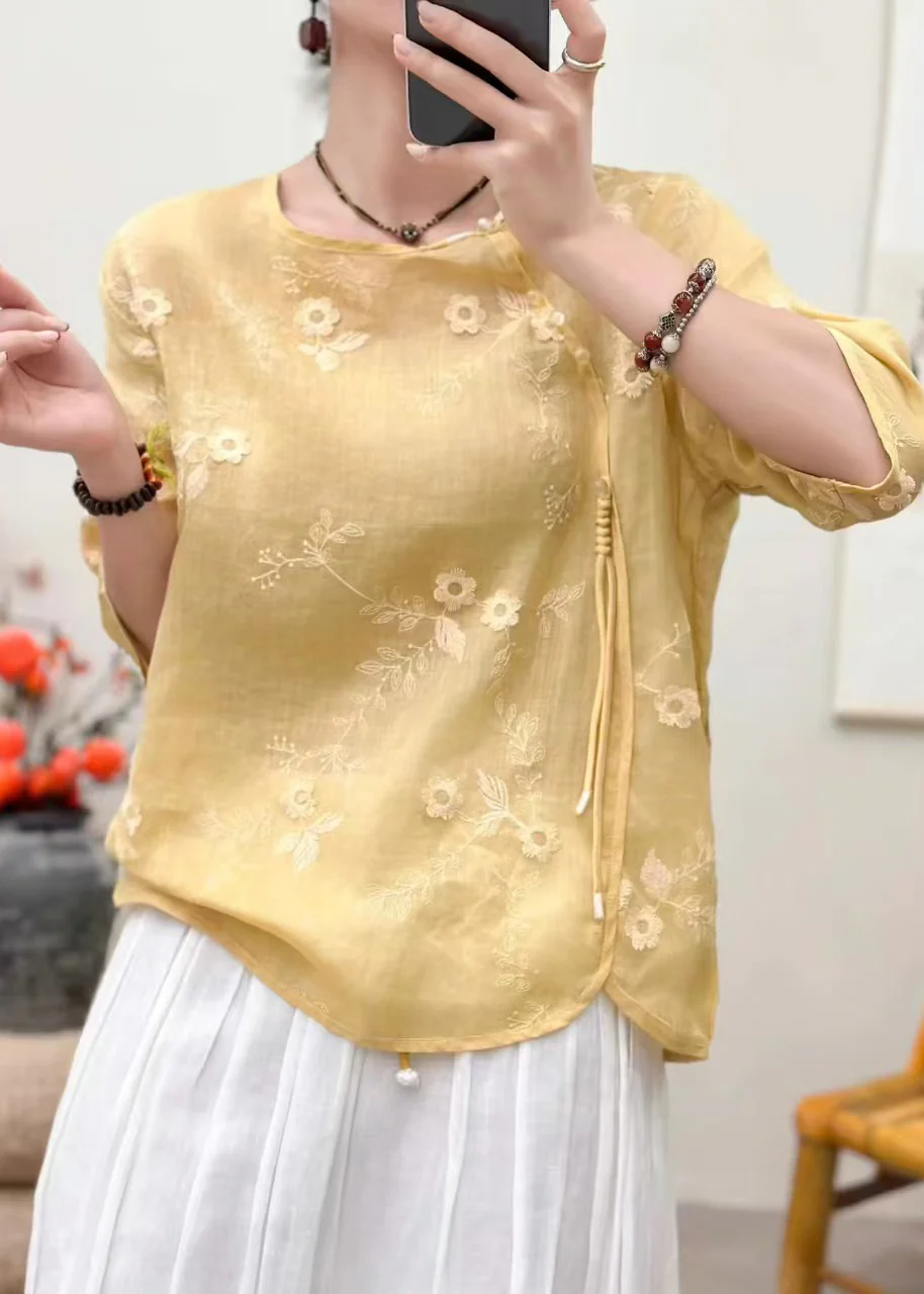 Vintage Yellow Embroidered Tasseled Linen Shirts Summer - Image 2