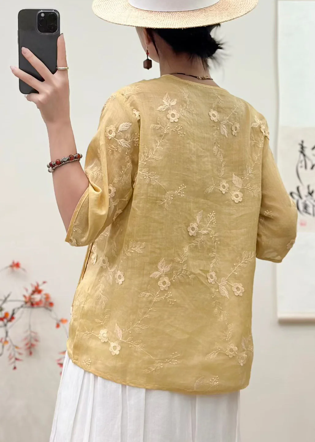 Vintage Yellow Embroidered Tasseled Linen Shirts Summer - Image 3