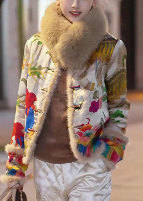 Vintage Yellow Fur Collar Embroidered Fine Cotton Filled Jacket Winter - Image 2