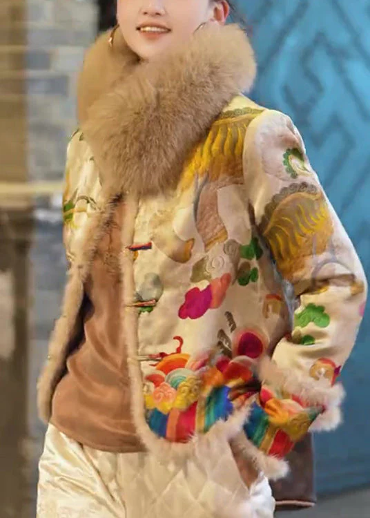 Vintage Yellow Fur Collar Embroidered Fine Cotton Filled Jacket Winter - Image 3