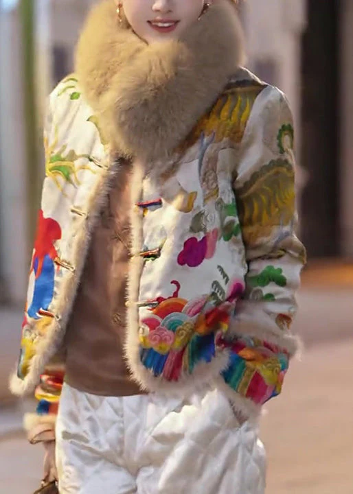 Vintage Yellow Fur Collar Embroidered Fine Cotton Filled Jacket Winter - Image 4
