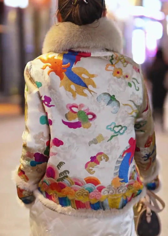 Vintage Yellow Fur Collar Embroidered Fine Cotton Filled Jacket Winter - Image 5