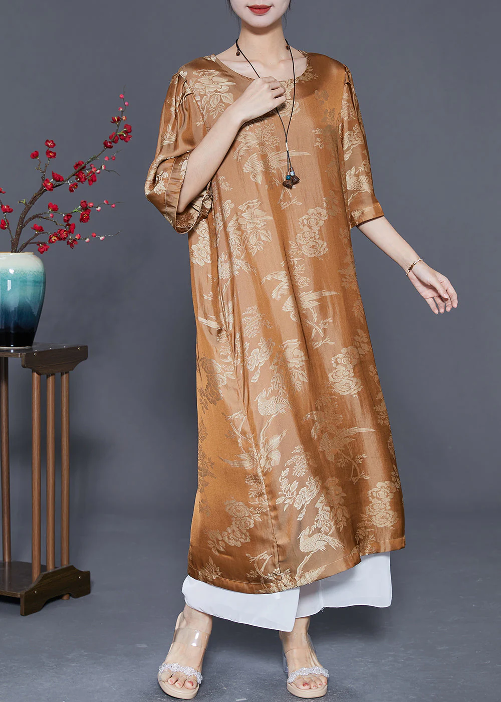 Vintage Yellow O-Neck Jacquard Silk Long Dresses Summer - Image 3