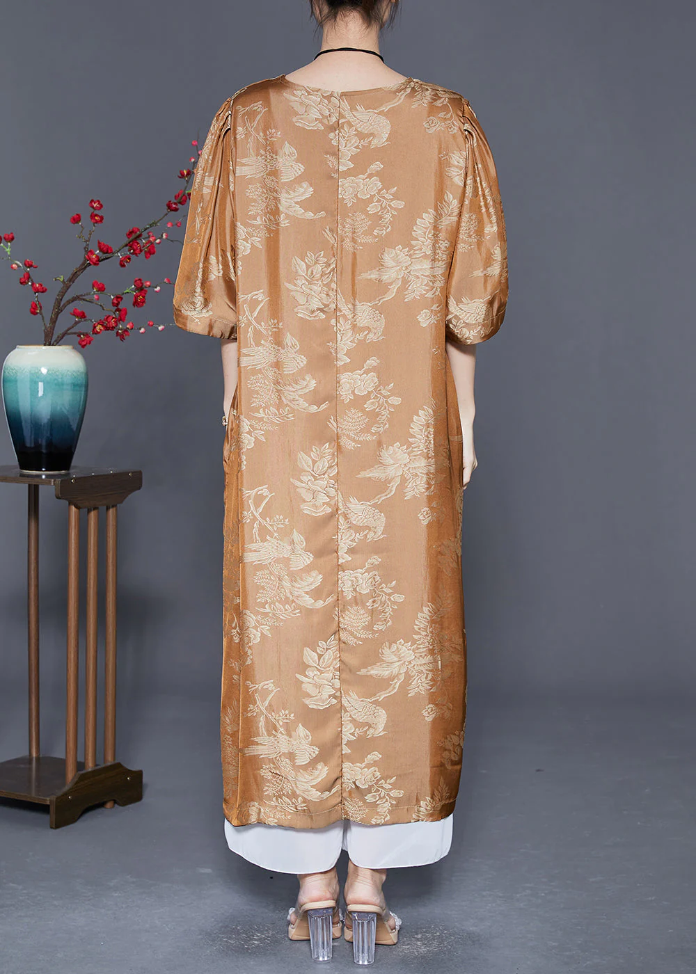 Vintage Yellow O-Neck Jacquard Silk Long Dresses Summer - Image 4